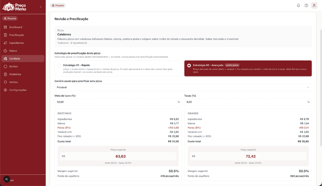 Tela do PreçoMenu mostrando a sugestão de preço final